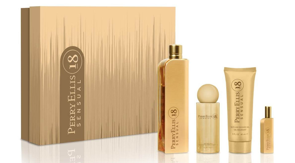 Set Perry Ellis 18 Sensual 4Pzs 100 ml Edp Spray + Shower Gel 90 ml + Body Mist 118 ml Spray + 7.5 ml Edp Spray de Perry Ellis