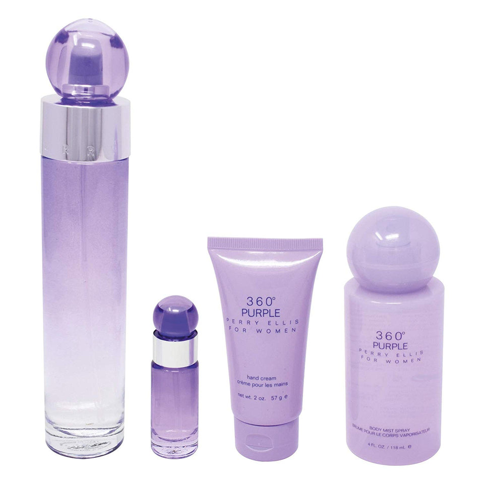 Set 360° Purple 4 pzs 100 ml Edp Spray + Hand Cream 57G + Body Mist 118 Spray + 7.5 ml Edp Spray de Perry Ellis